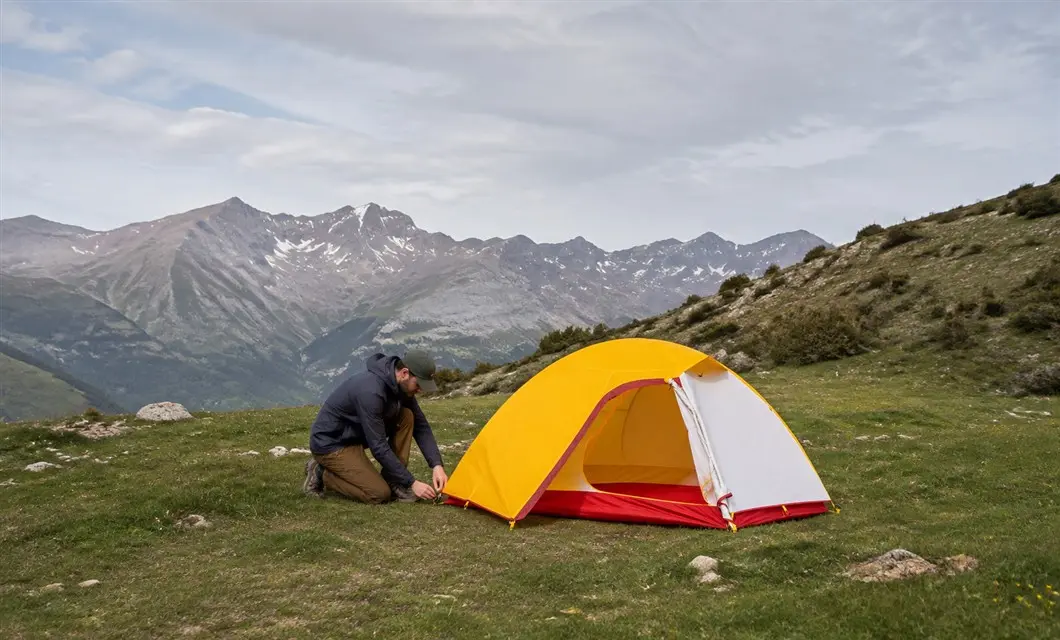 Mountain Meadow Camp-abri temporaire visible positionné sur un terrain dégagé.