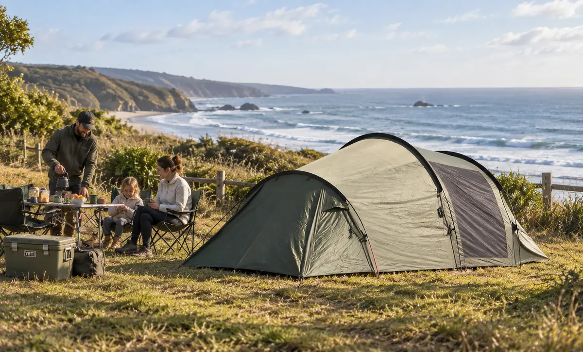 Coastal retreat-tengerparti családi kemping terület pihenésre és felszerelésre.
