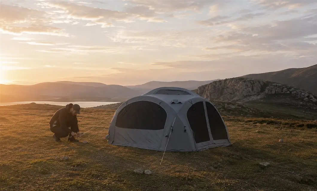 Travel Camp - Packable shelter for rest and gear beside an outdoor route.