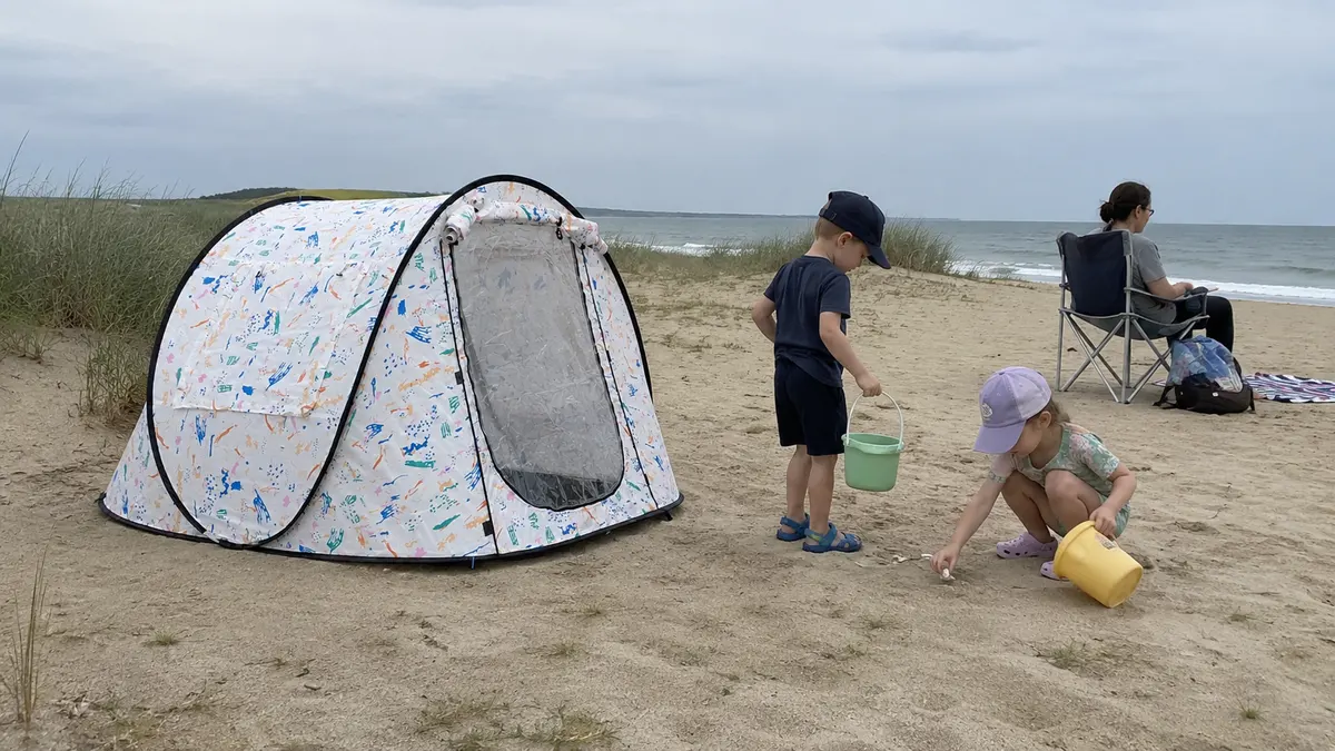 Seaside Beach - Coastal recreation shelter for people and travel gear.