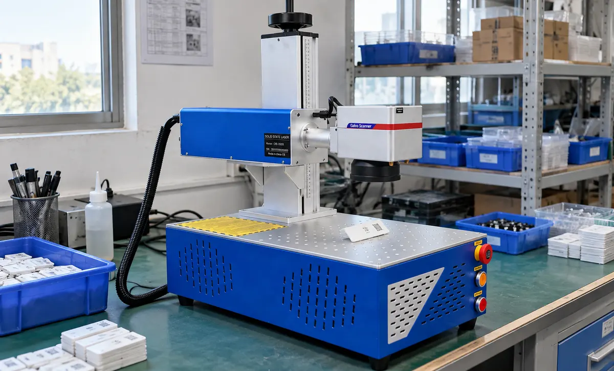 Small plastic components are positioned at a dedicated marking workstation for product identification and precision marking tasks