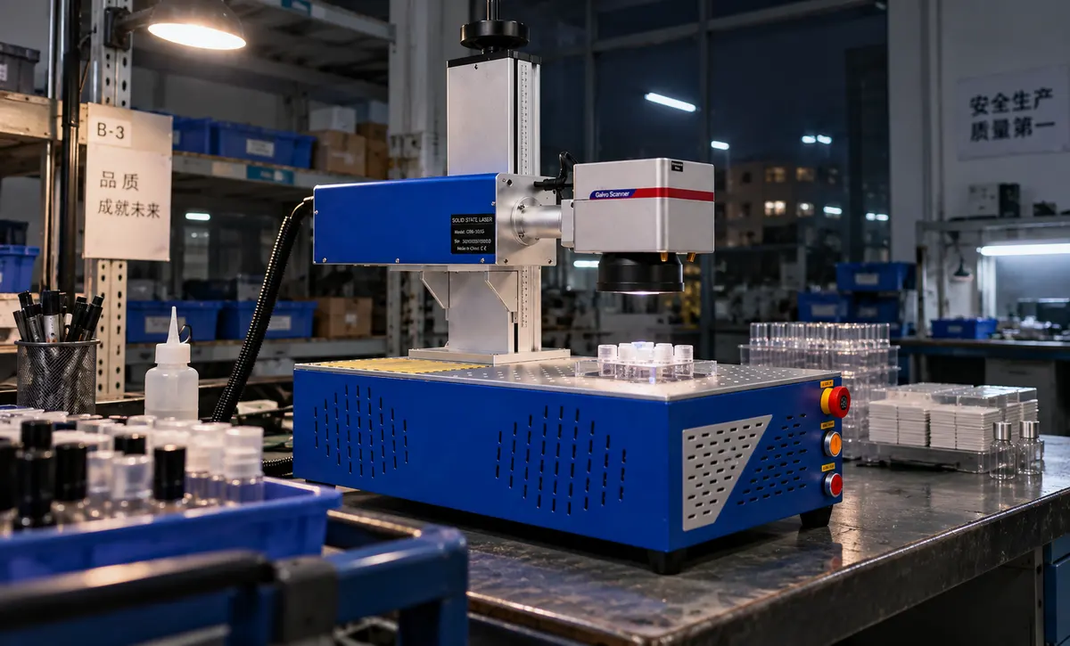 Small precision parts are positioned beneath the marking head within an industrial workstation operating under night-shift lighting