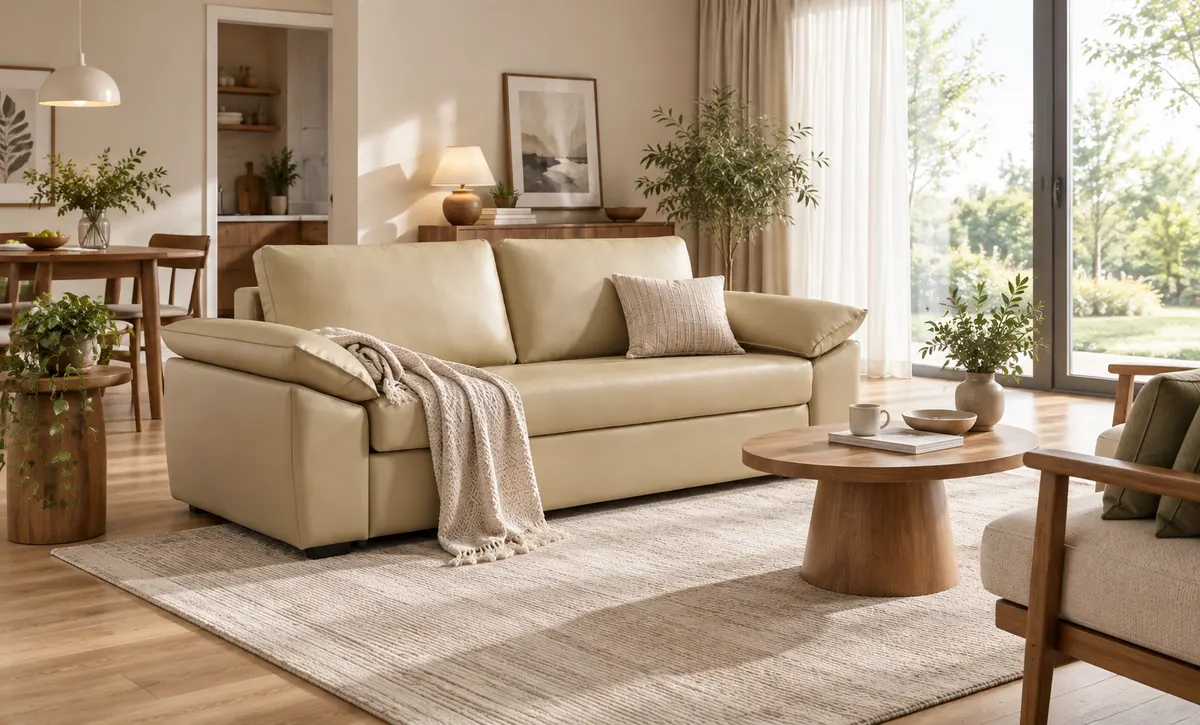 Sonnen beleuchtetes Sofa mit Blick auf den Garten