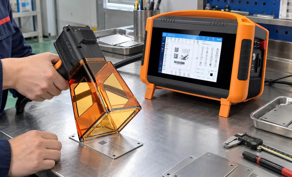 The handheld marking head is positioned over a metal nameplate for localized identification marking at a portable workstation