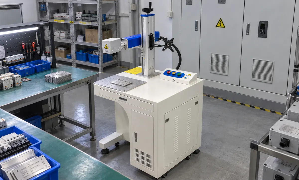 The machine is placed as a marking workstation within a larger production area surrounded by normal factory operations