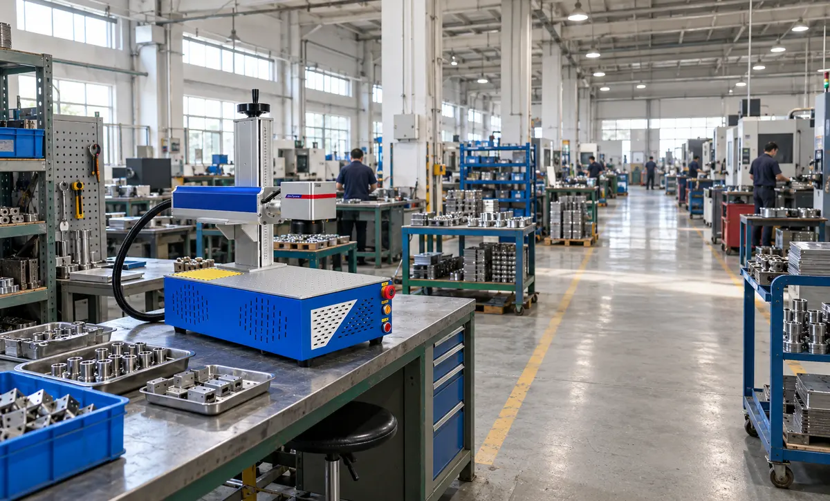 The machine is placed within a hardware production environment where metal parts can be staged for identification marking