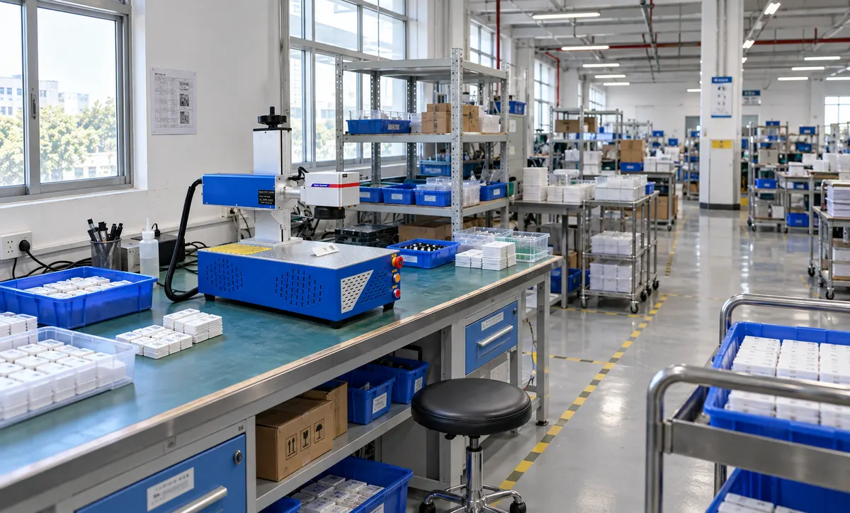 The machine is placed within an electronics production environment where components are organized for identification and traceability marking
