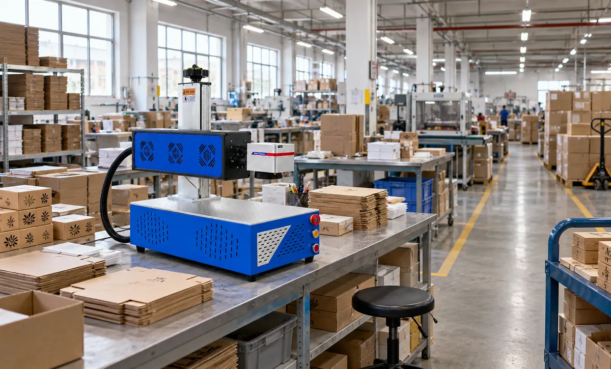 The machine operates as a desktop marking workstation within a larger packaging production area handling compatible packaging materials