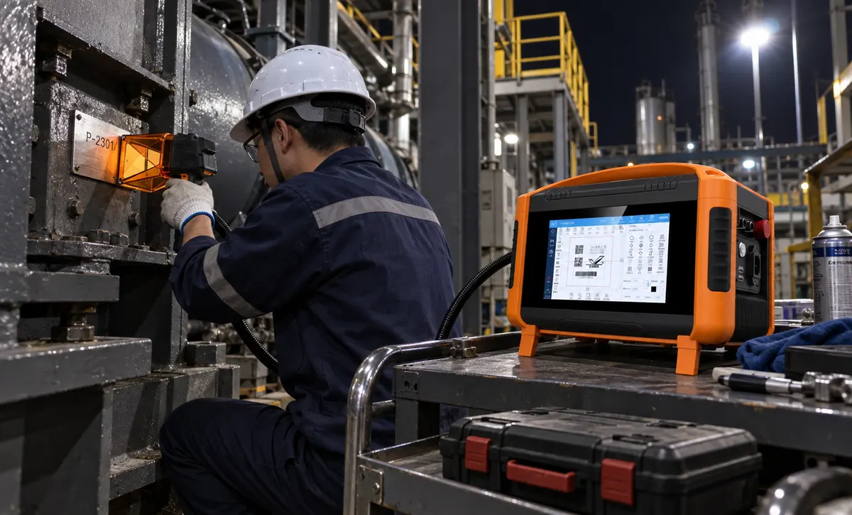 The portable system is positioned beside machinery during a night-shift workflow for localized identification marking on accessible equipment surfaces
