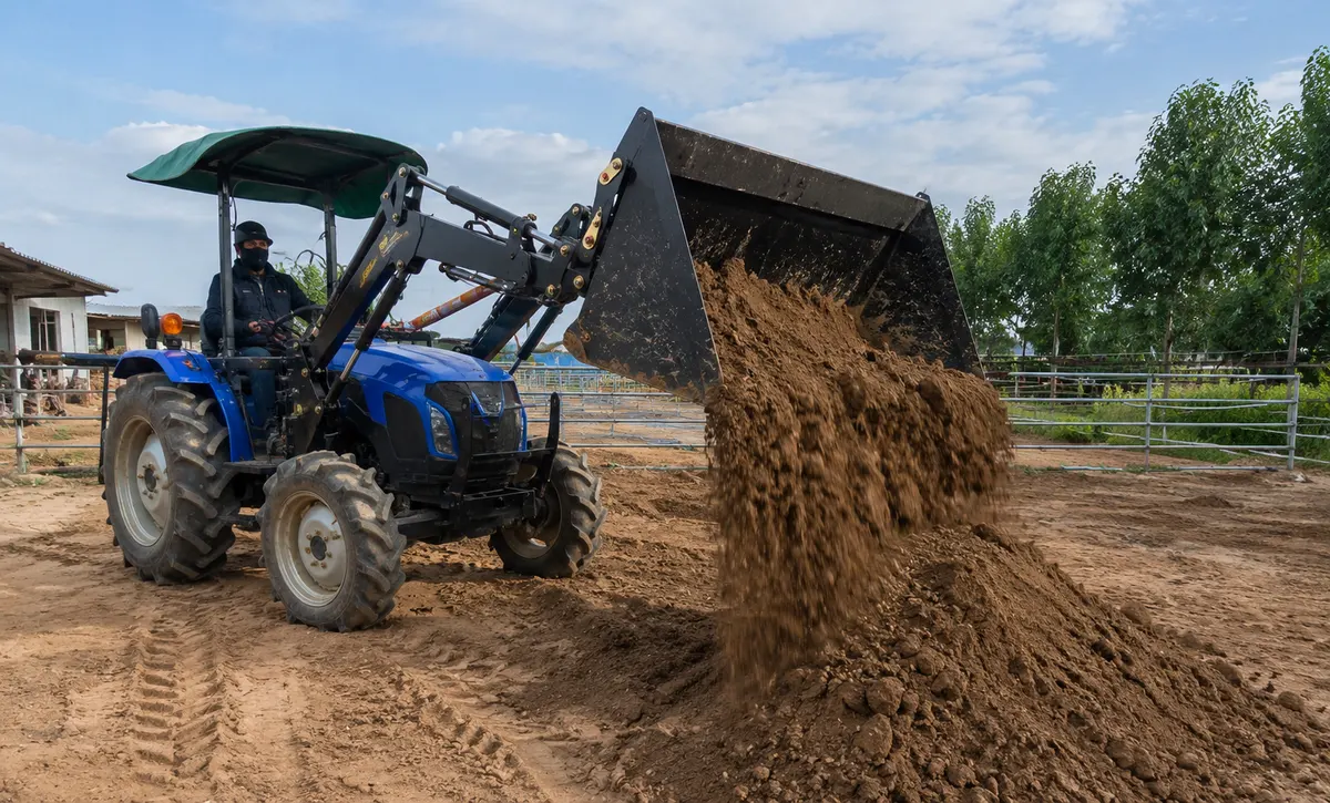 Tractor dumps soil for farmyard leveling and earthmoving.
