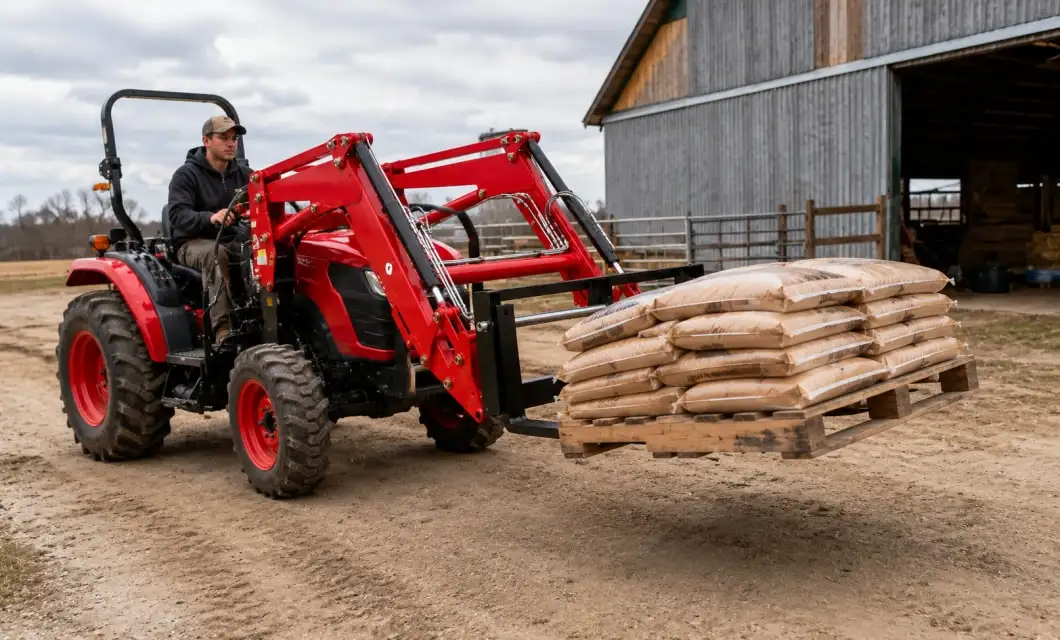 Les fourches de tracteur soulèvent les fournitures agricoles ensachées pour faciliter le transport et le stockage organisés dans la cour.
