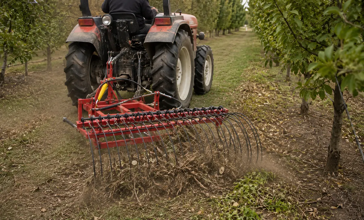 Tractor gathers fallen leaves and debris between orchard rows.