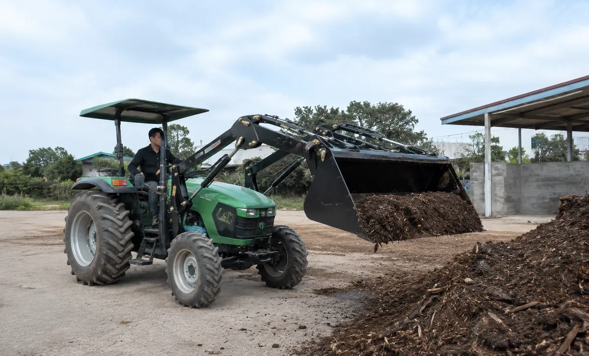 Tractor handles mulch for orchard and landscape maintenance.