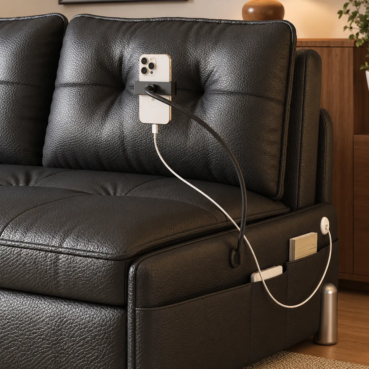 Carga USB y detalle del tenedor del teléfono