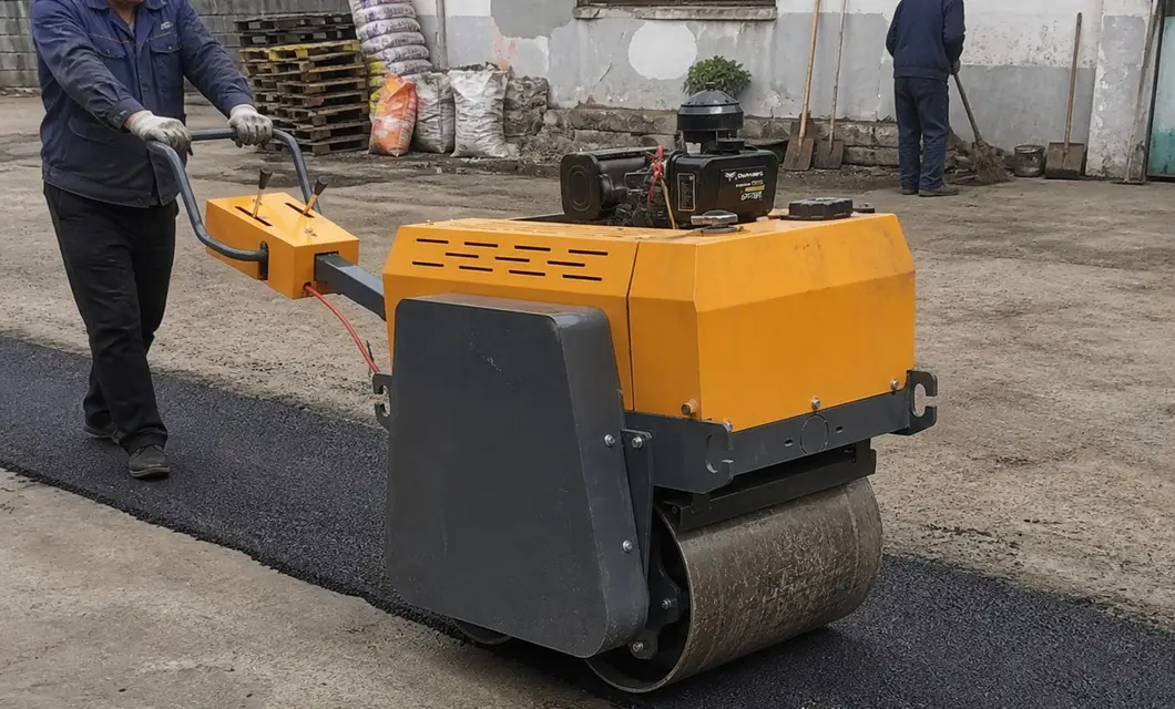Repairs workshop asphalt seams with visible drum contact and positioning.