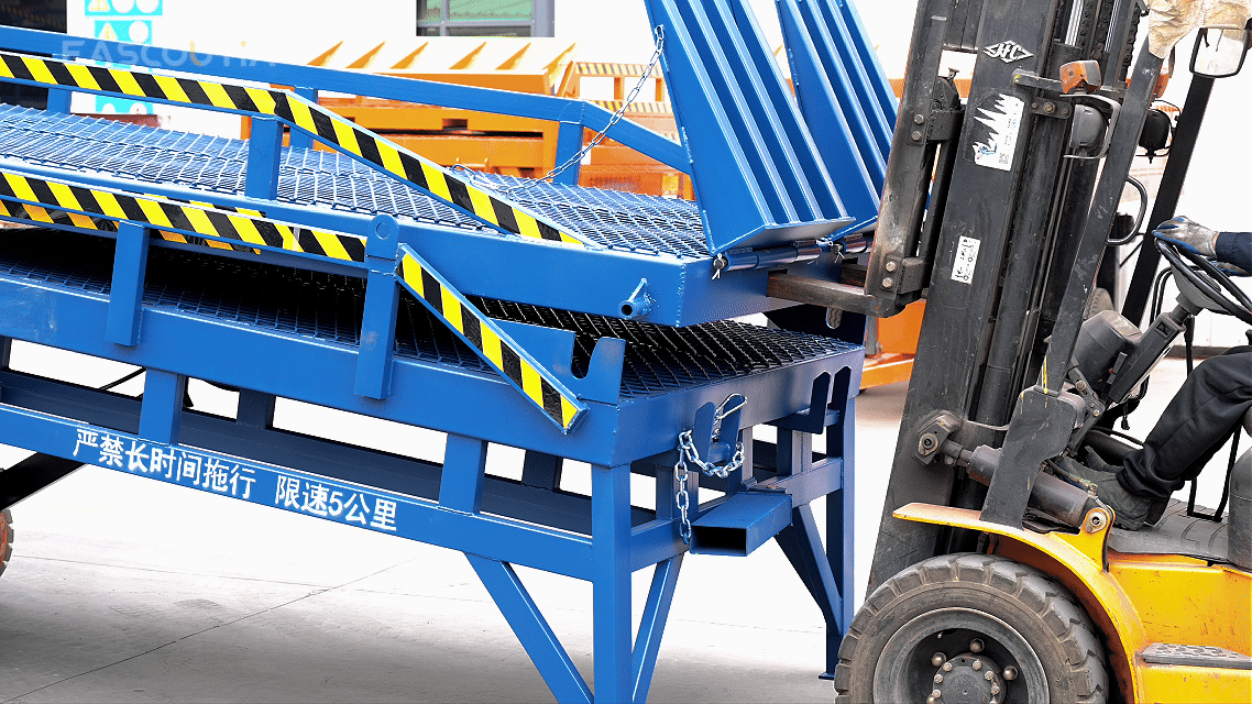 Fork pockets for easy tow—one person plus forklift relocates; folded lip packs lighter.