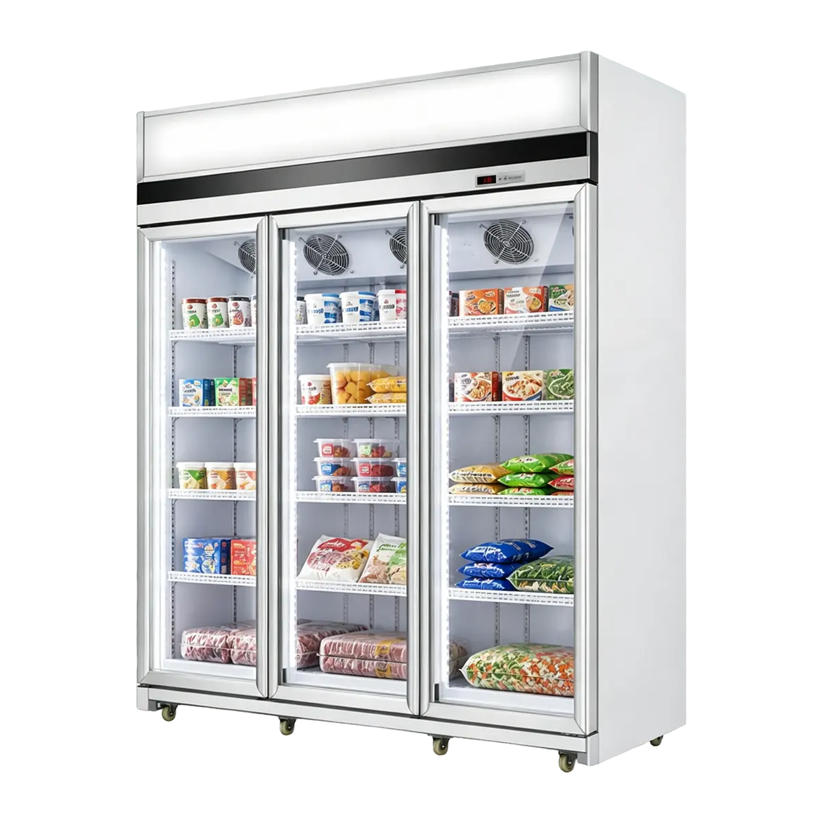 Three-door upright refrigerated and frozen display cabinet