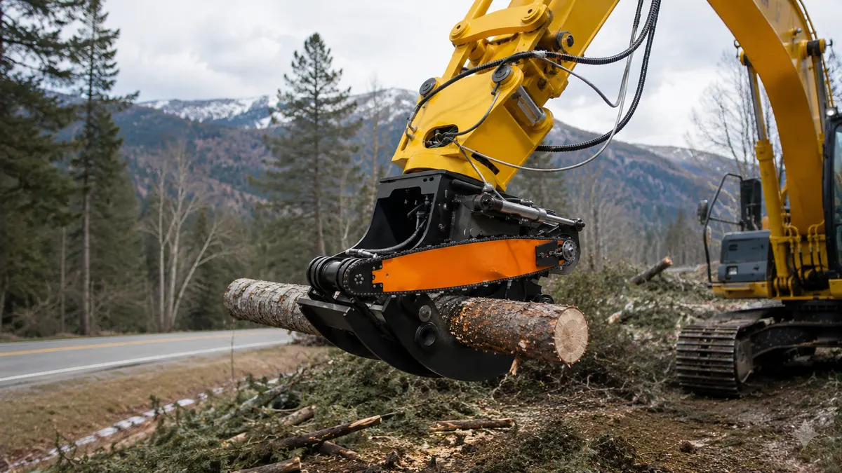 Grapple hält Holz zum Schneiden
